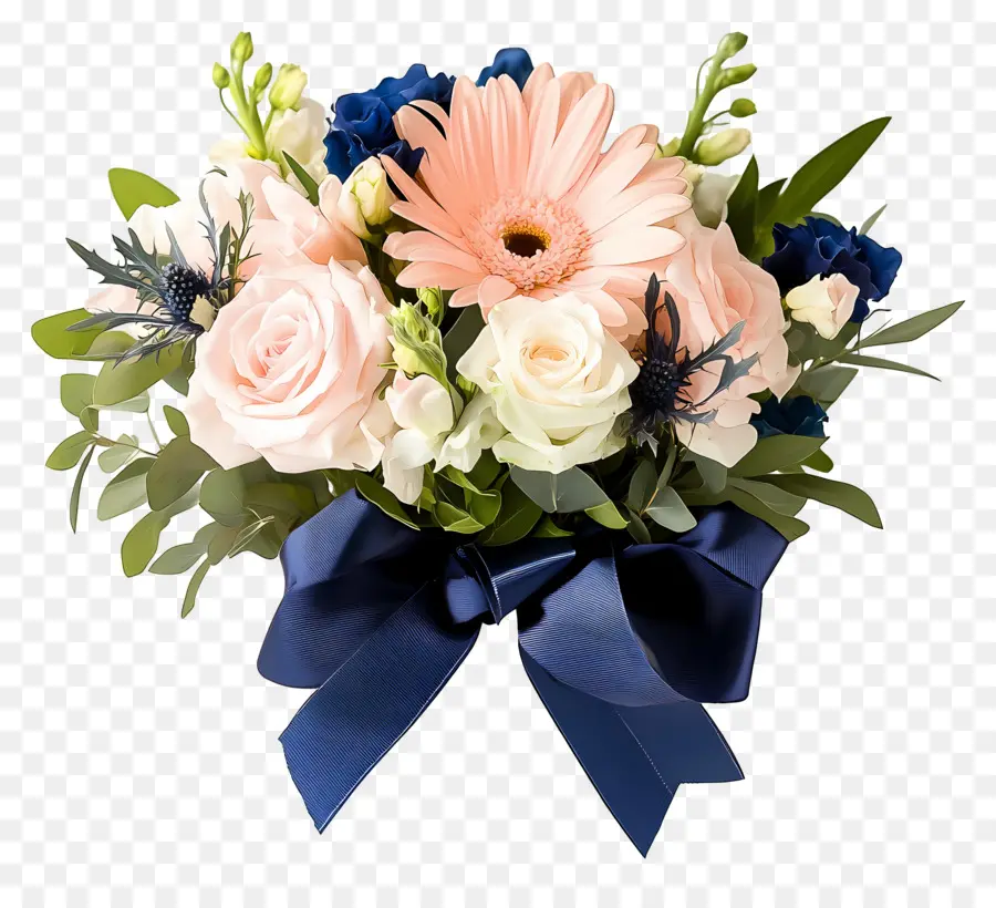 Flores De Aniversário，Buquê De Flores Com Fita Azul PNG