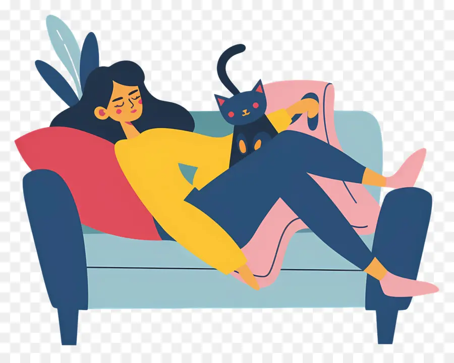 Relaxando No Sofá，Mulher Com Gato PNG