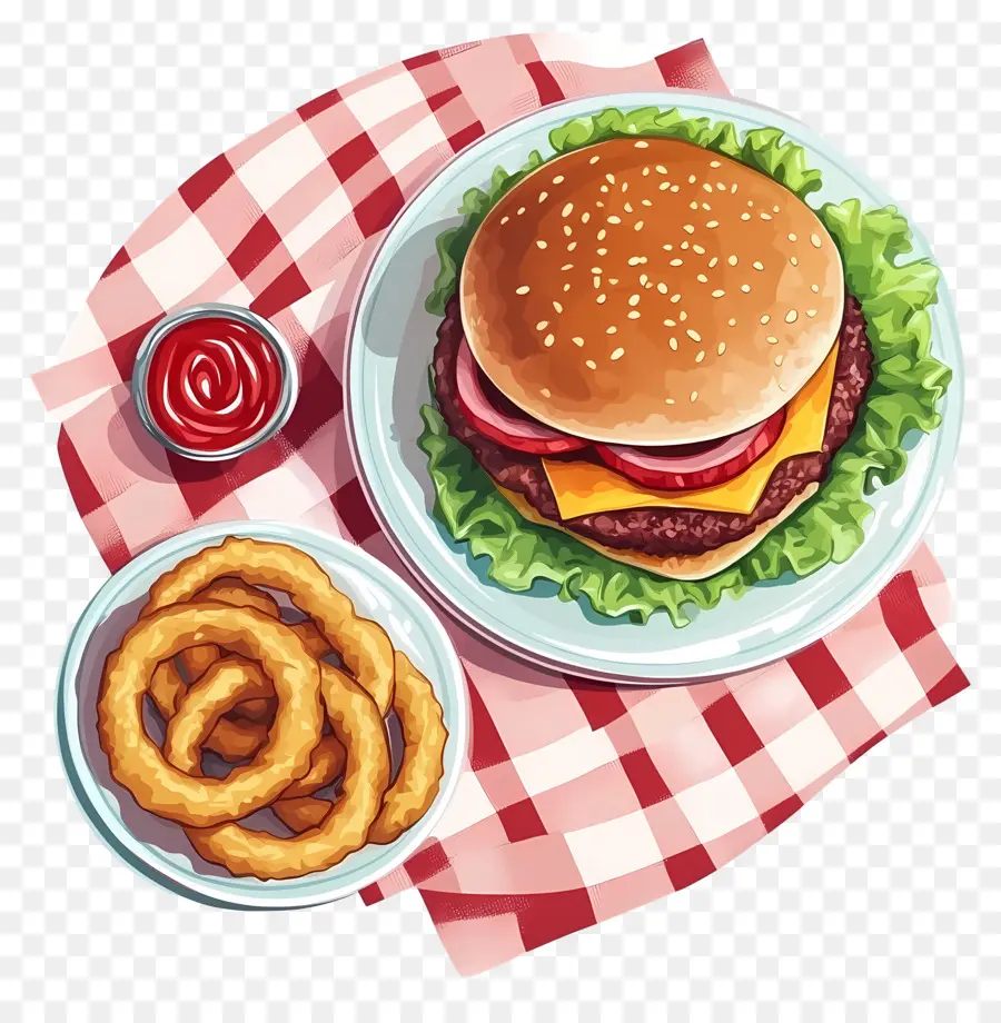 Hambúrguer Americano，Hambúrguer E Anéis De Cebola PNG