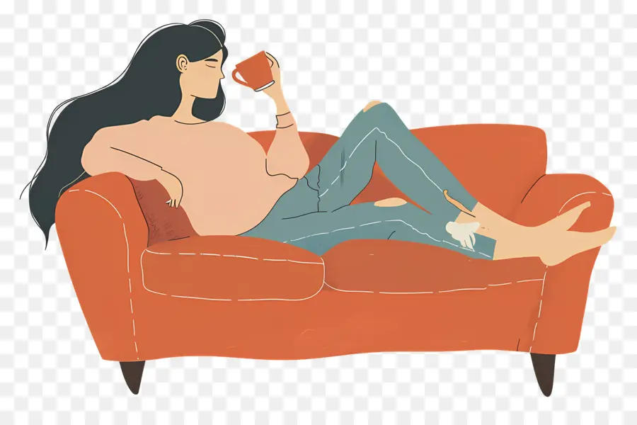 Bebendo Café，Mulher Relaxando No Sofá PNG