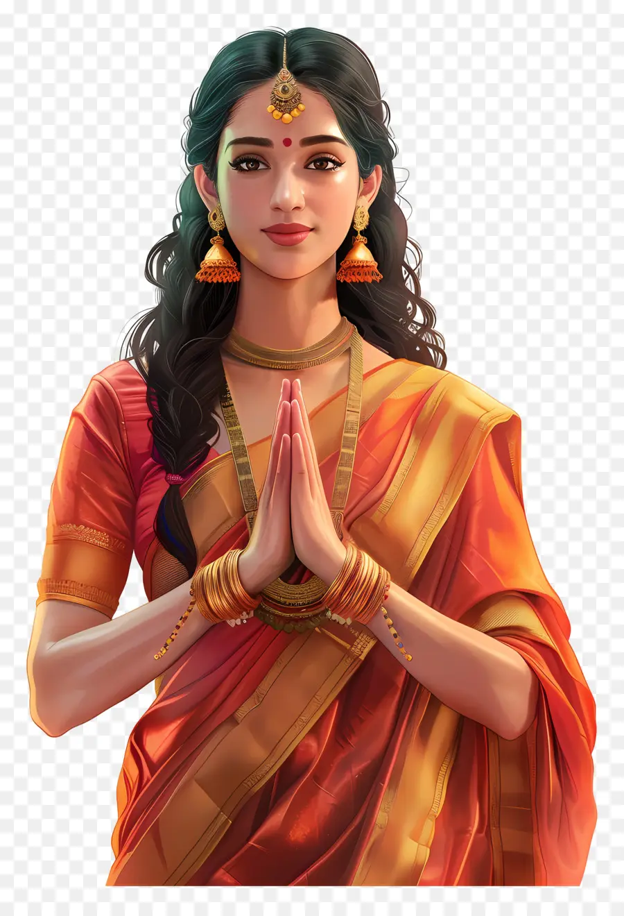 Mulher Indiana，Mulher Tradicional Em Saree Laranja PNG