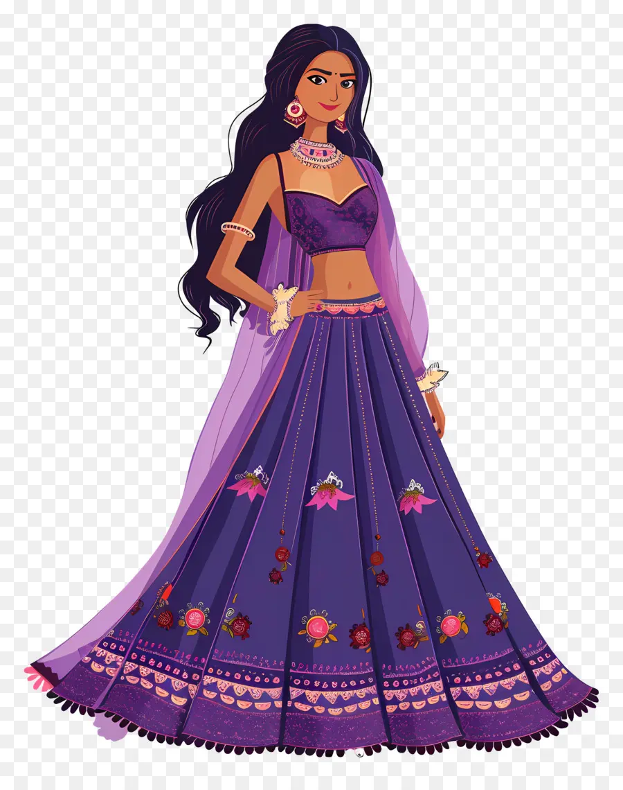 Desenho De Mulher Indiana，Vestido Tradicional Roxo PNG