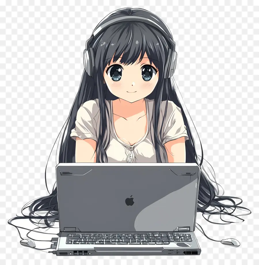 Garota Com Computador，Garota Com Fones De Ouvido PNG