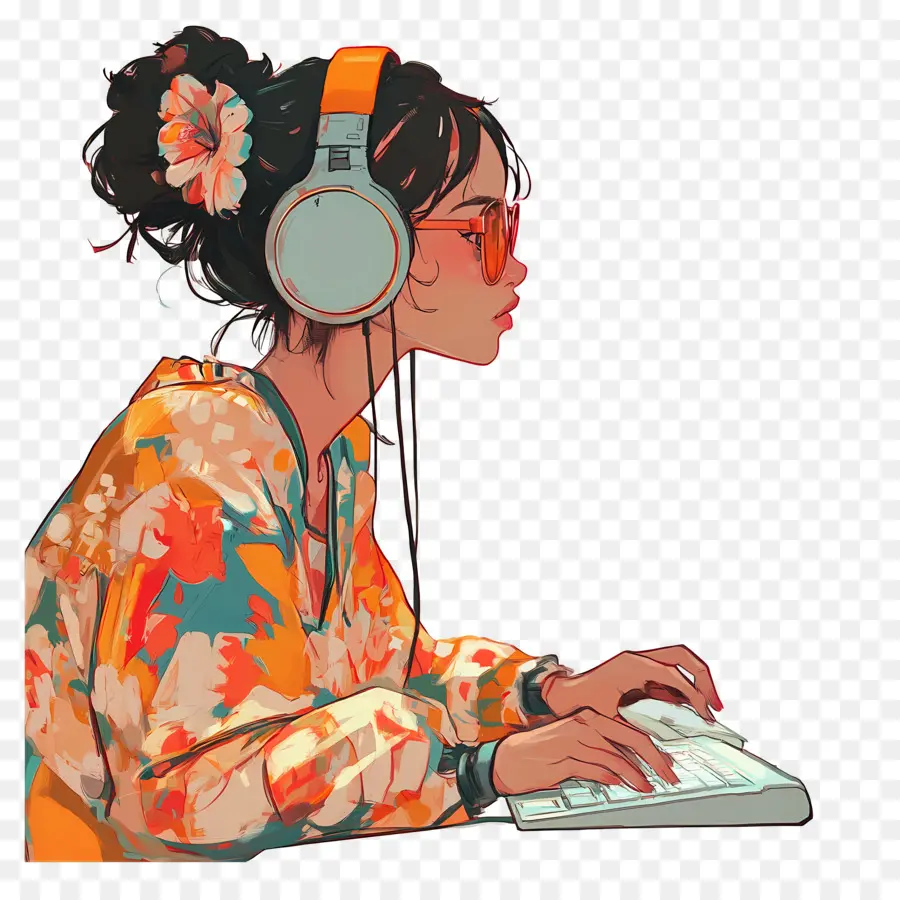 Garota Com Computador，Garota Com Fones De Ouvido PNG