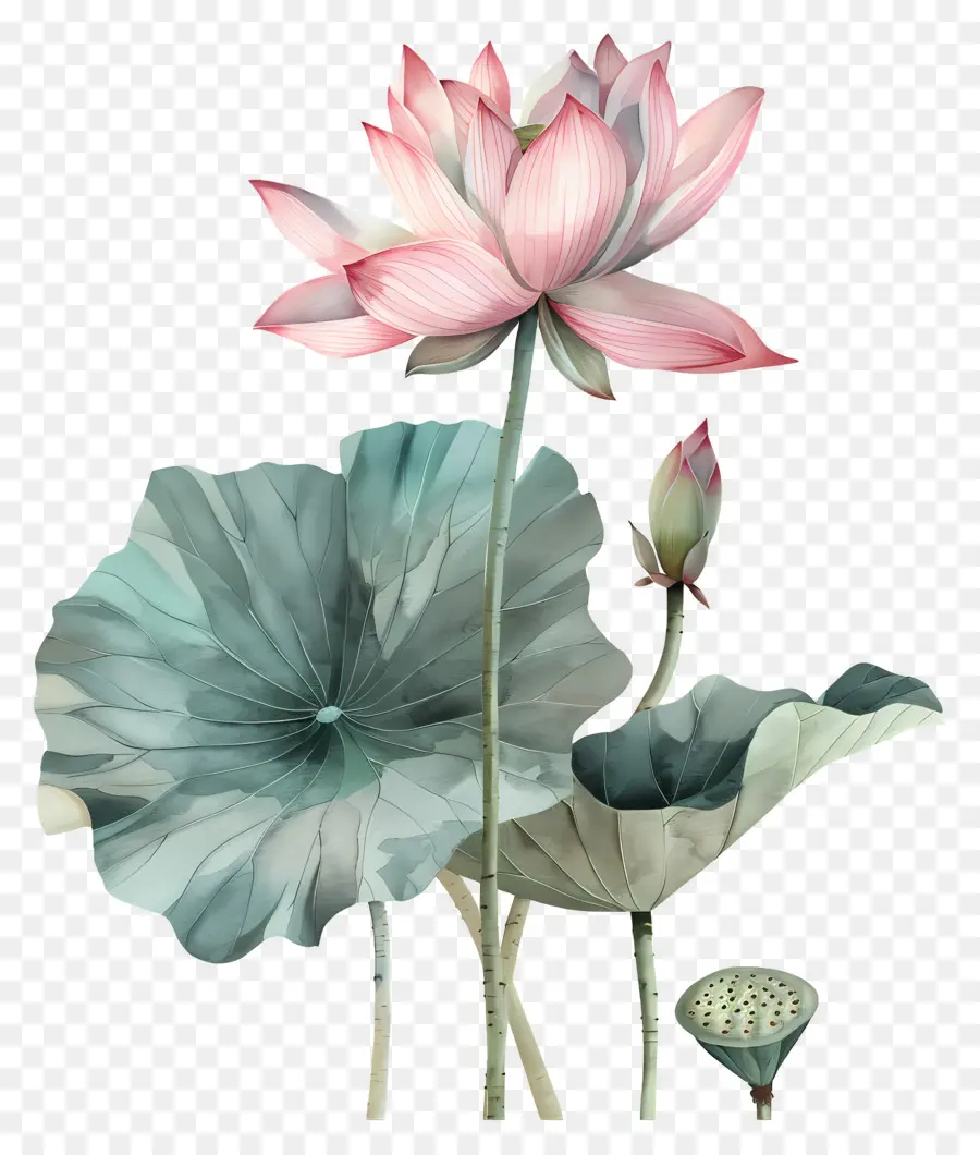 Flores De Lótus Rosa，Folhas PNG