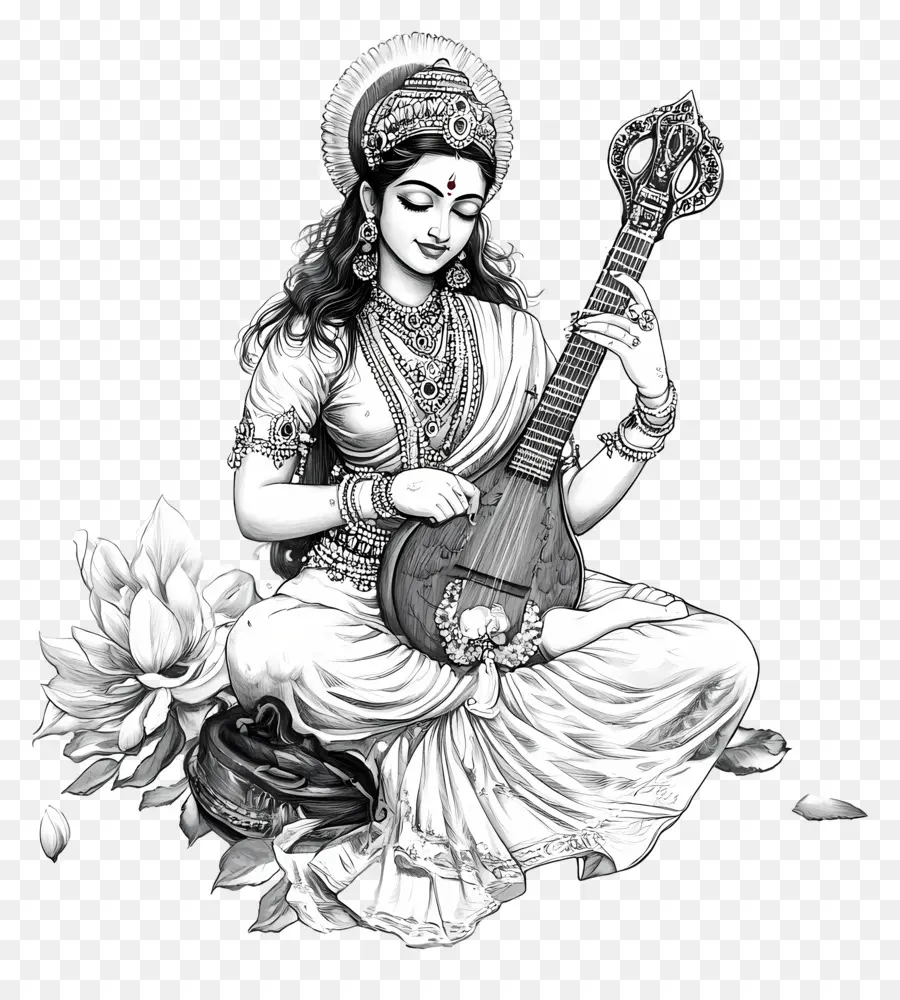 Saraswati，Deusa Jogando Veena PNG