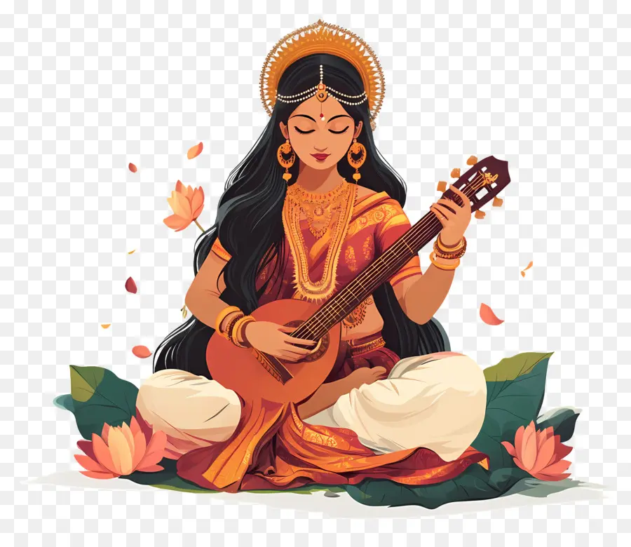 Saraswati，Mulher Tocando Violão PNG