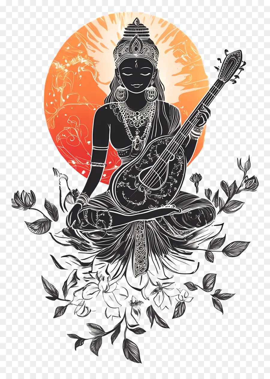 Saraswati，Deusa Com Veena PNG