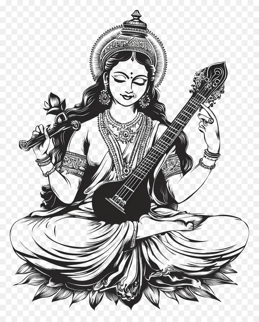 Saraswati，Deusa Jogando Veena PNG