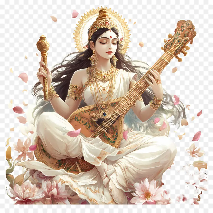 Saraswati，Deusa Com Veena PNG