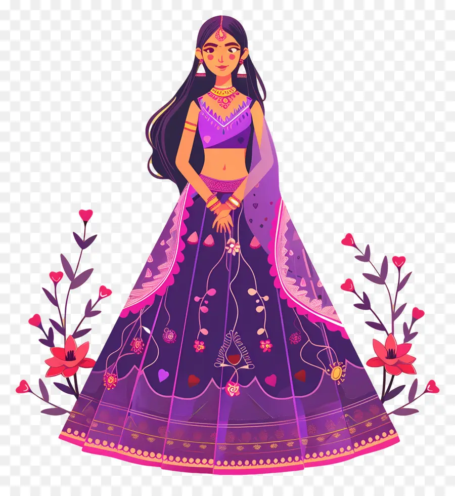 Desenho De Mulher Indiana，Vestido Tradicional Roxo PNG