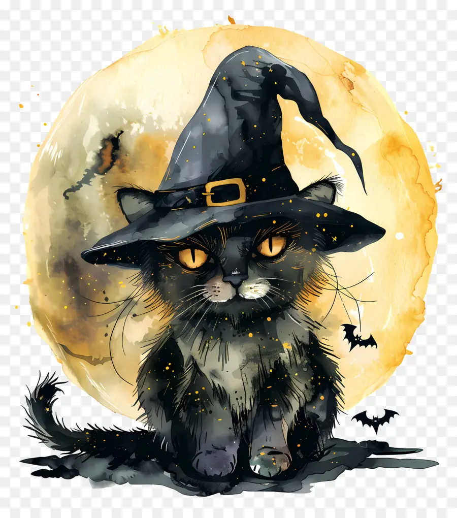 Gato De Halloween，Gato Preto Com Chapéu De Bruxa PNG