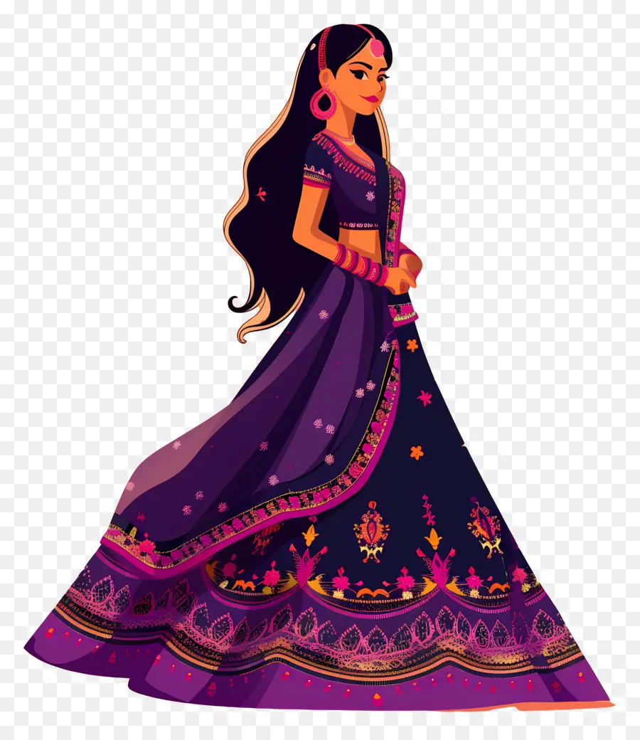 Desenho De Mulher Indiana，Vestido Tradicional Roxo PNG