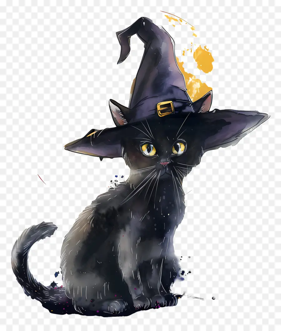 Gato De Halloween，Gato Preto Com Chapéu De Bruxa PNG