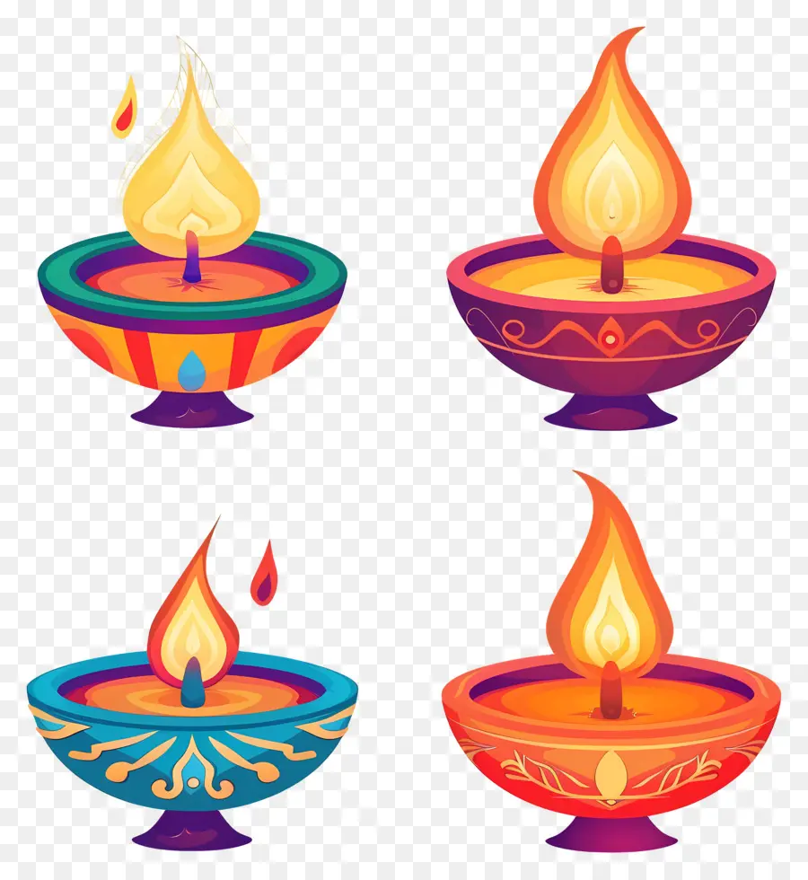 Vela Diwali，Diyas Coloridas PNG