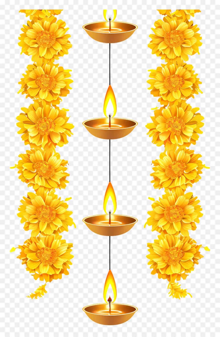 Guirlanda De Calêndula Diwali，Guirlanda E Lâmpada De Flores Amarelas PNG