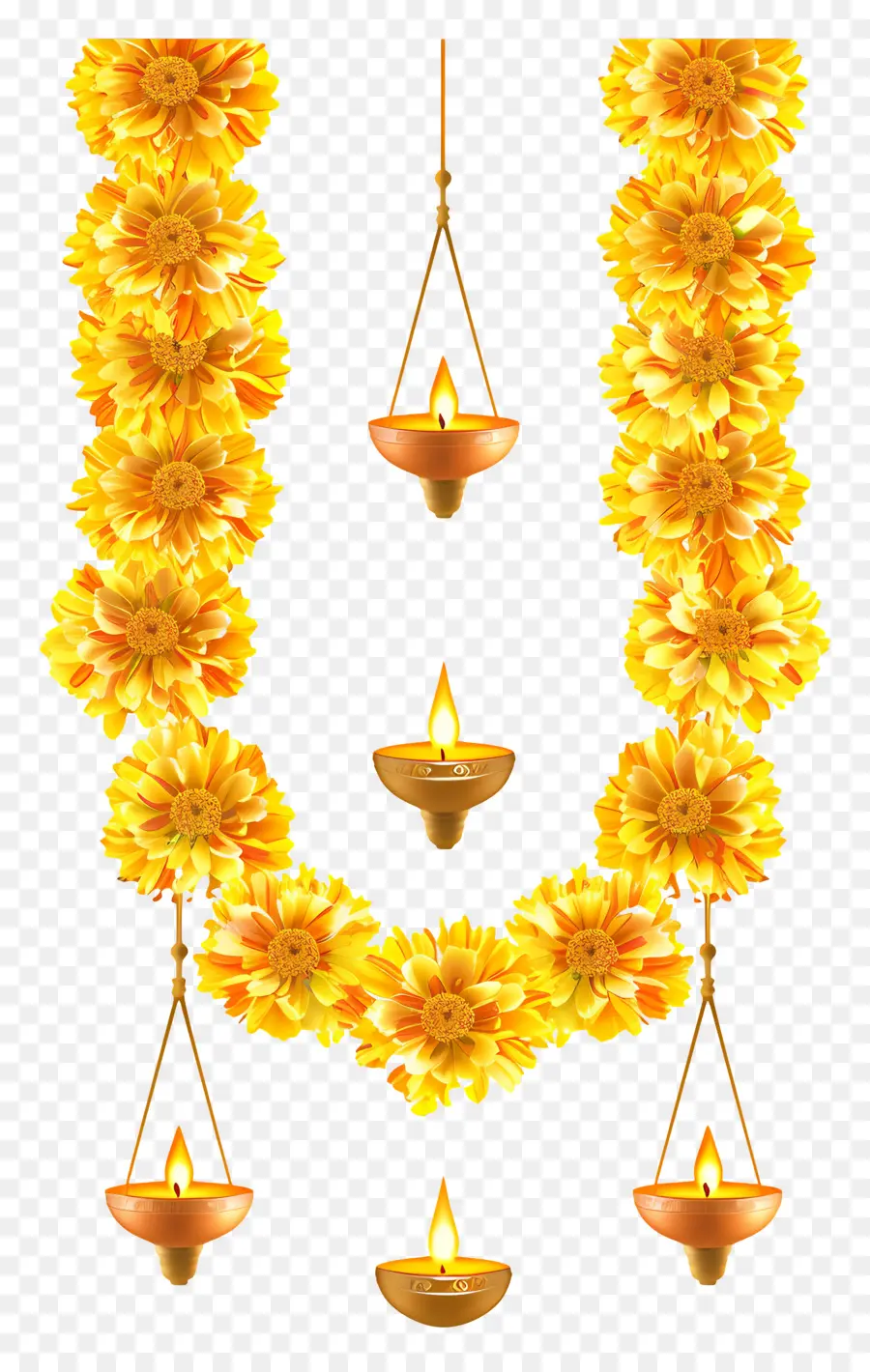 Guirlanda De Calêndula Diwali，Guirlanda E Lâmpada De Flores Amarelas PNG