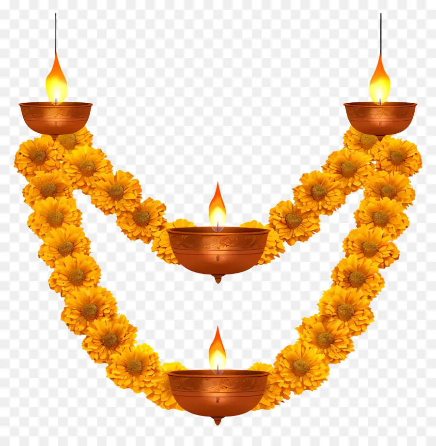 Guirlanda De Calêndula Diwali，Guirlanda E Lâmpada De Flores Amarelas PNG