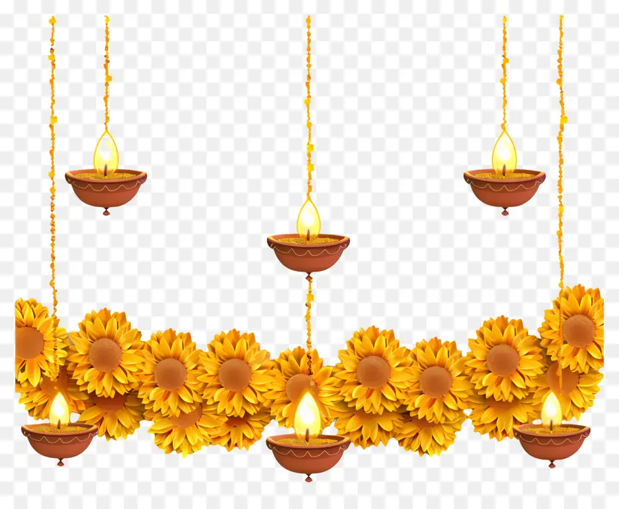 Guirlanda De Calêndula Diwali，Diyas Com Flores PNG