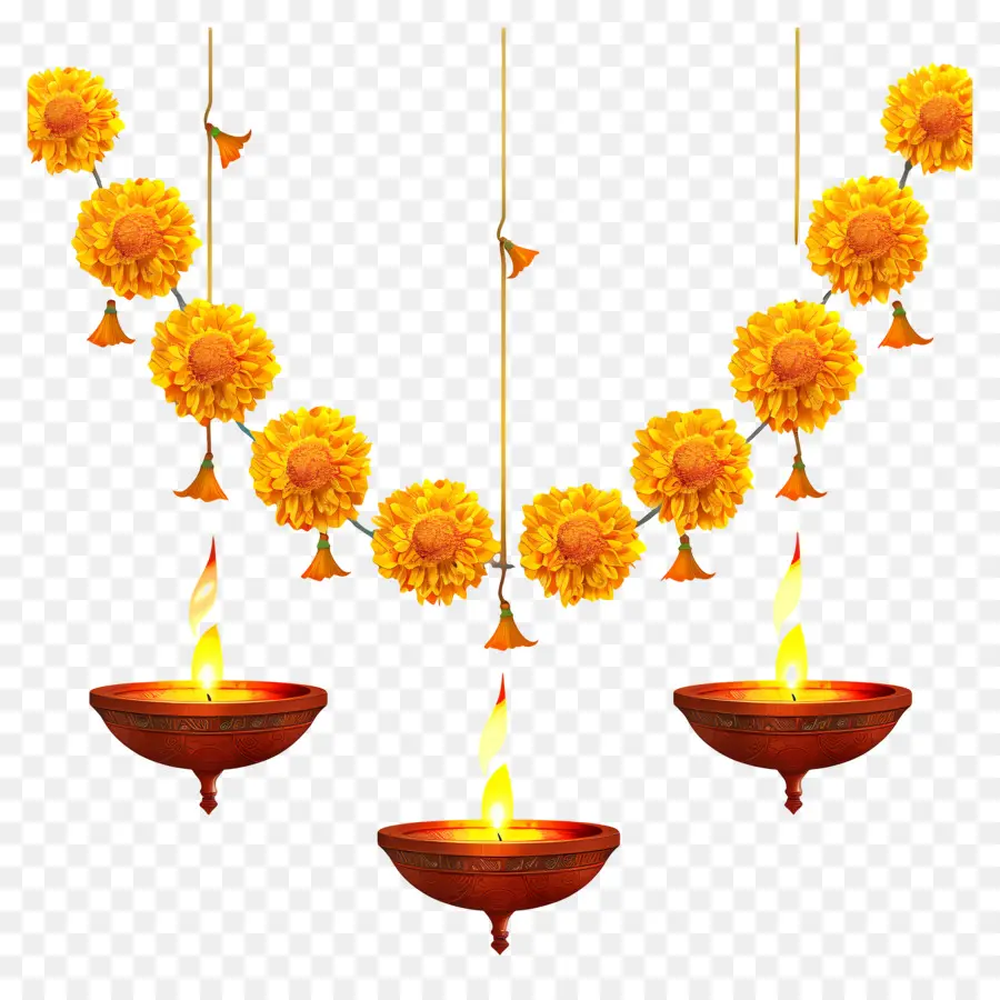 Guirlanda De Calêndula Diwali，Guirlanda E Lâmpada De Flores Amarelas PNG