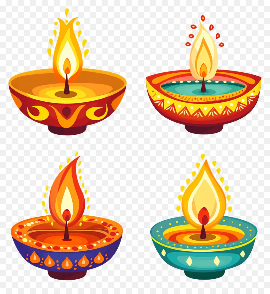 Vela Diwali，Diyas Coloridas PNG