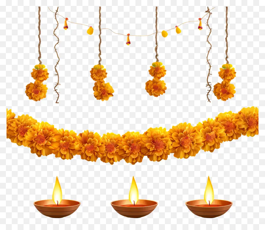 Guirlanda De Calêndula Diwali，Guirlanda E Lâmpada De Flores Amarelas PNG