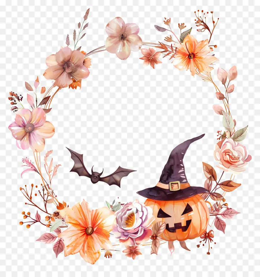 Guirlanda De Halloween，Guirlanda Floral Com Abóbora PNG