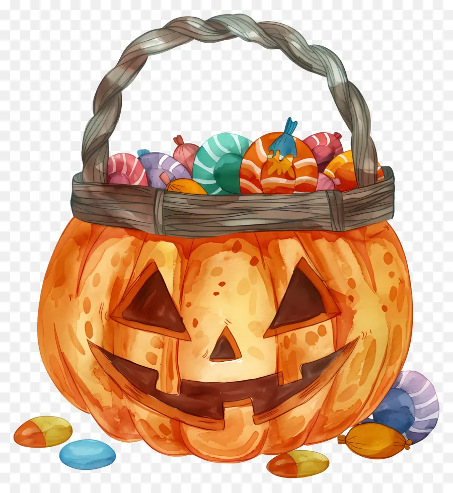 Cesta De Halloween，Abóbora Com Doces PNG