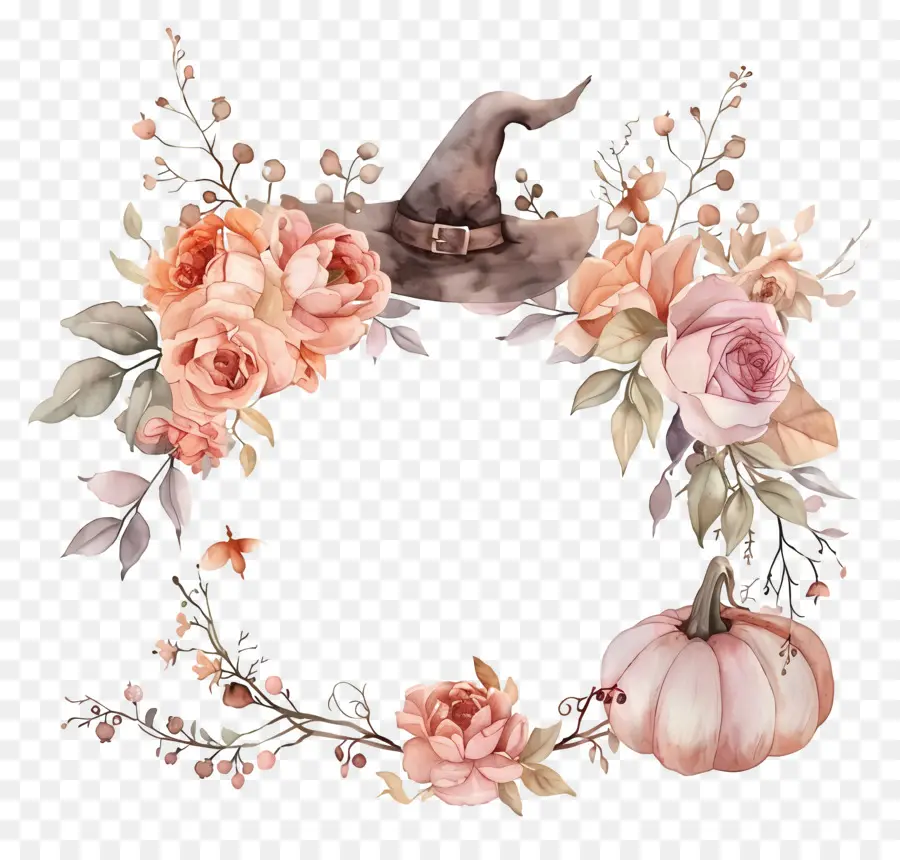 Guirlanda De Halloween，Guirlanda Floral Com Chapéu De Bruxa PNG