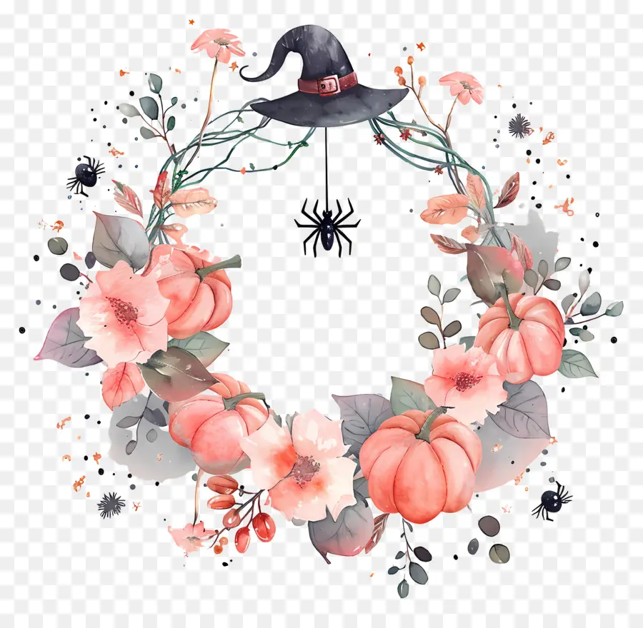 Guirlanda De Halloween，Guirlanda Floral Com Chapéu De Bruxa PNG