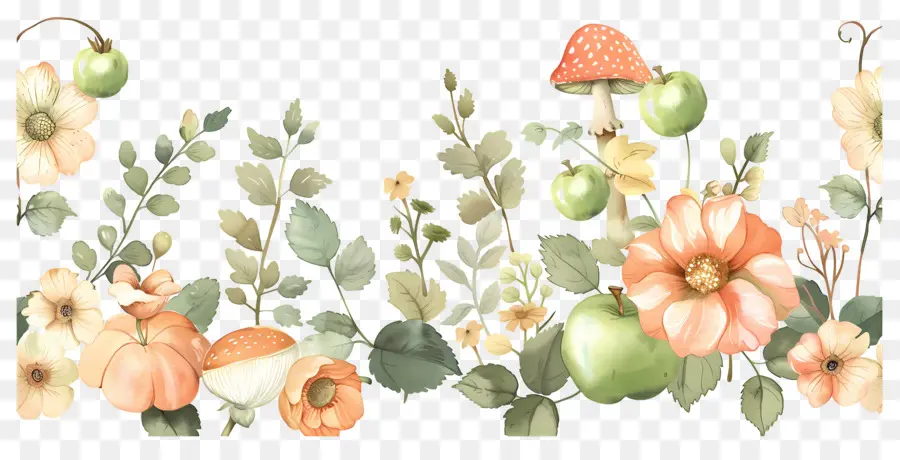 Fundo De Outono，Flores E Cogumelos PNG