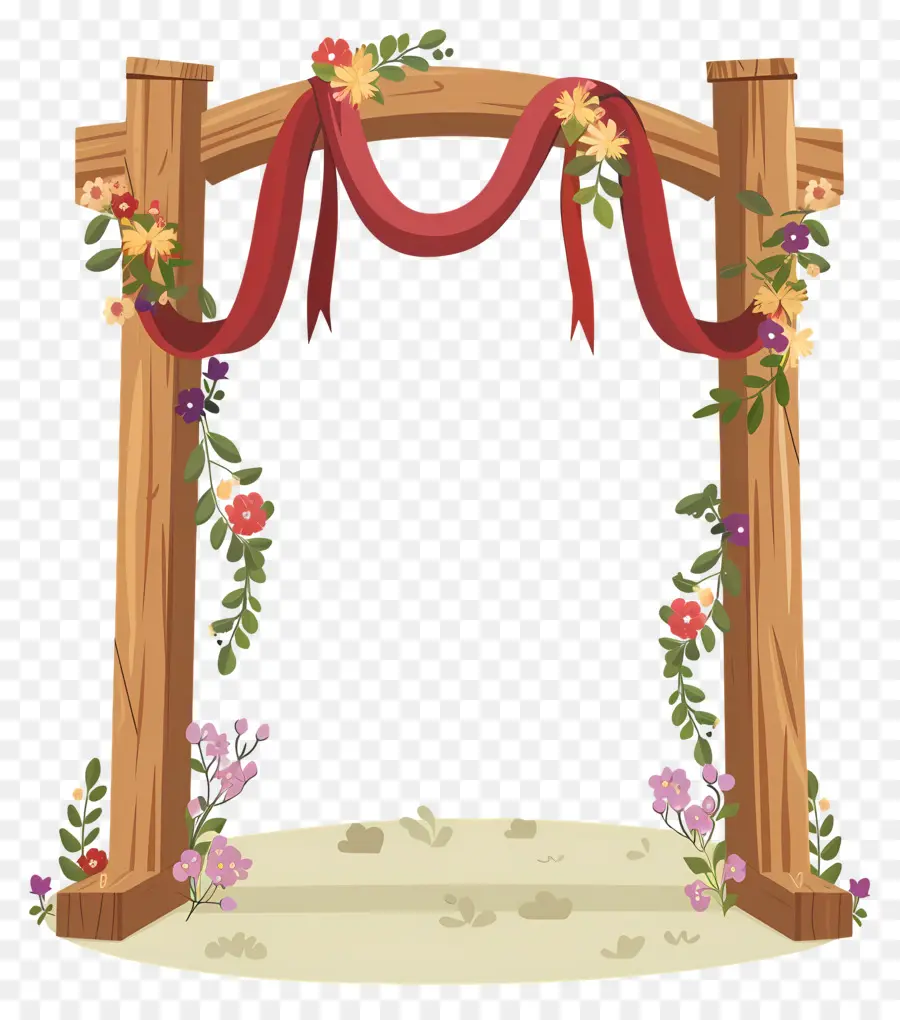 Arco De Casamento，Arco De Madeira Com Fita Vermelha PNG