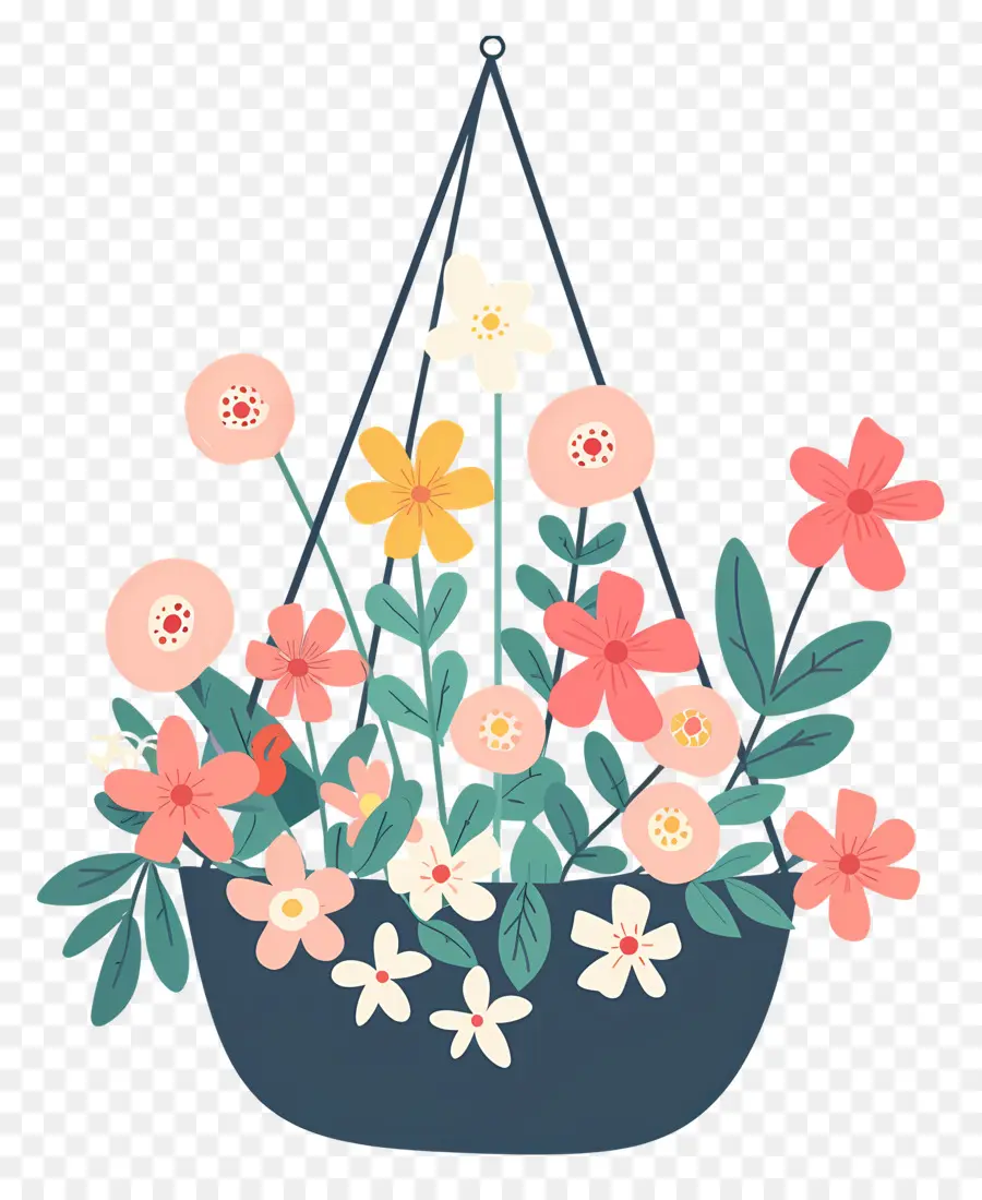 Flores Penduradas，Cesta Suspensa Com Flores Em Tons Pastéis PNG