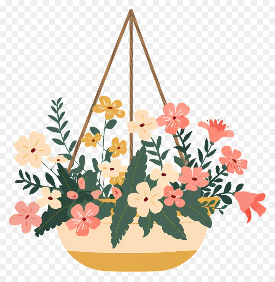 Flores Penduradas，Cesta Suspensa Com Flores Coloridas PNG