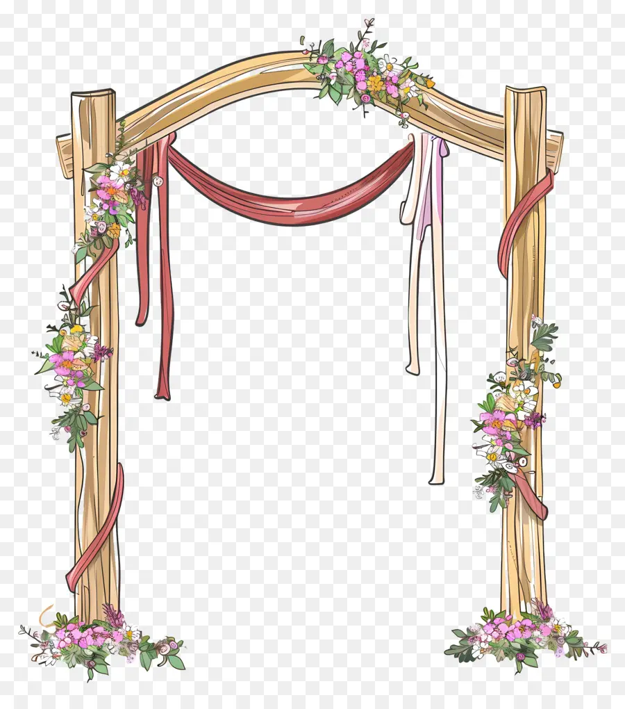 Arco De Casamento，Arco De Madeira Com Fita Vermelha PNG