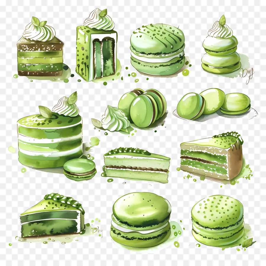 Sobremesas Matchá，Macarons Verdes E Limão PNG