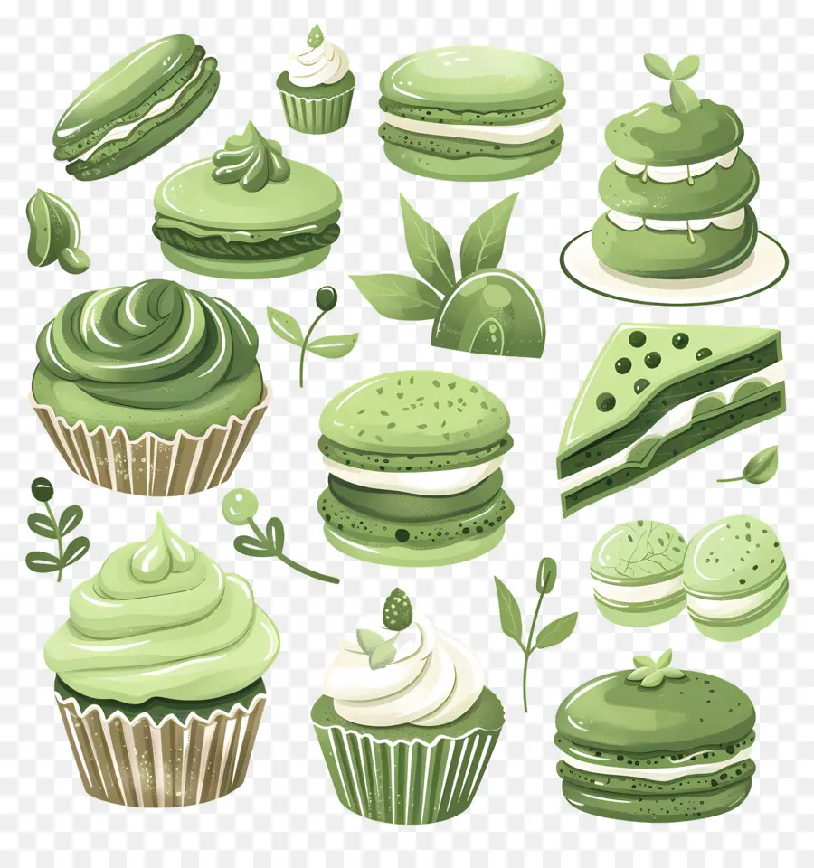 Sobremesas Matchá，Cupcakes E Macarons Verdes PNG