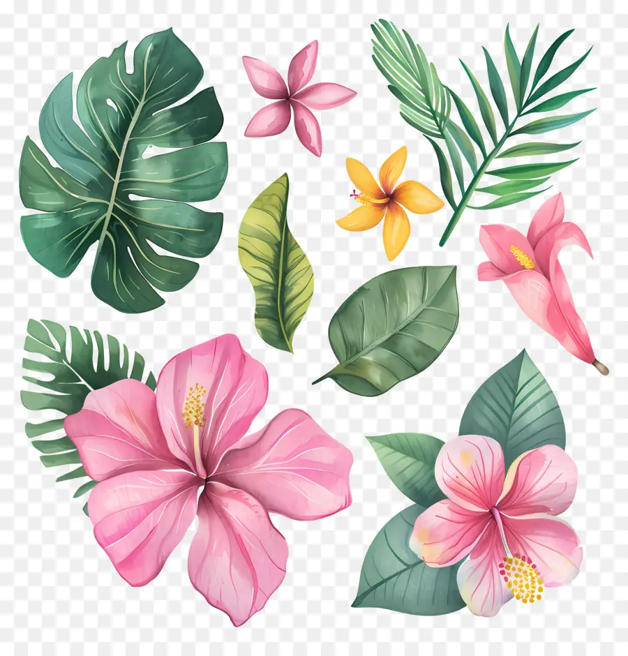 Flores Tropicais，Folhas E Flores Tropicais PNG