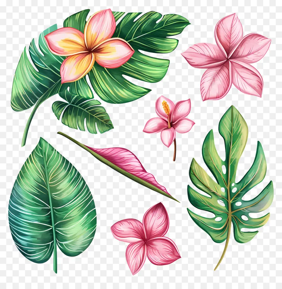 Flores Tropicais，Flores E Folhas Tropicais PNG