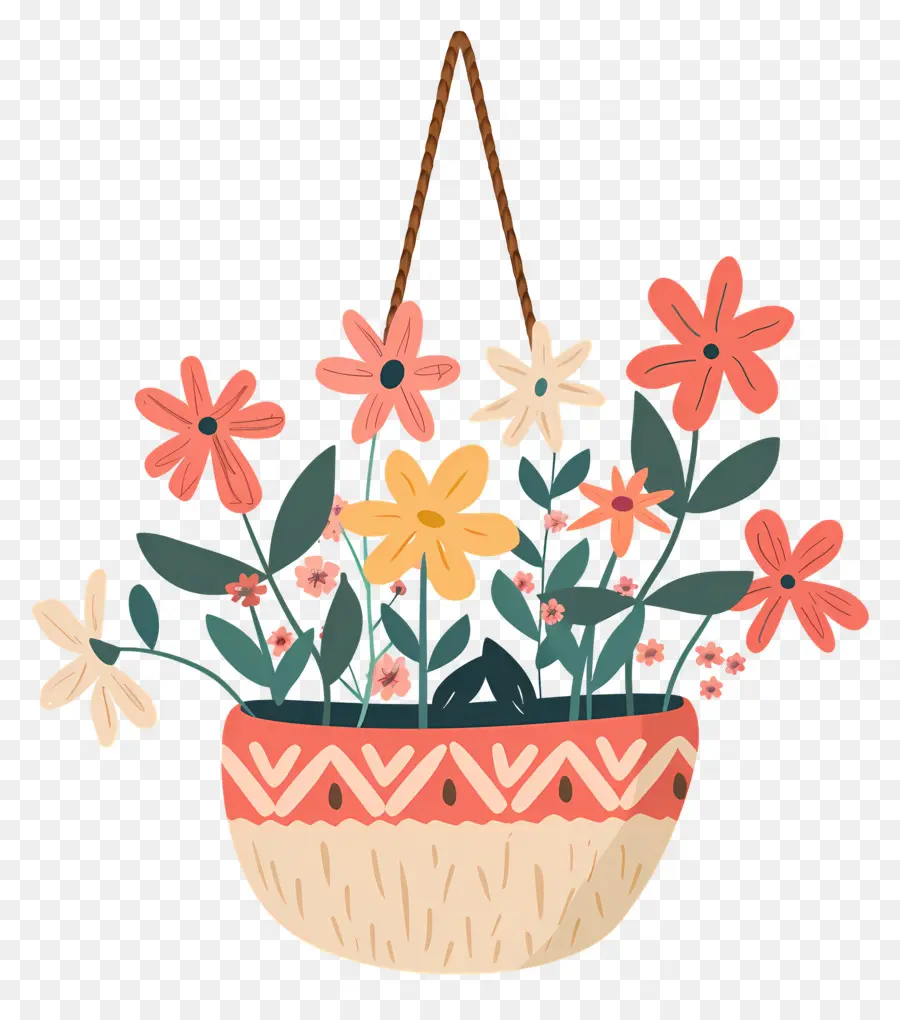 Flores Penduradas，Cesta Suspensa Com Flores Em Tons Pastéis PNG