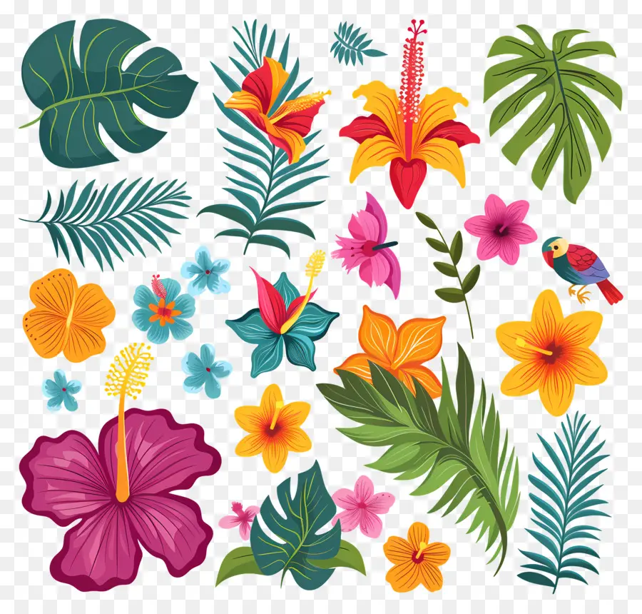 Flores Tropicais，Folhas E Flores Tropicais PNG