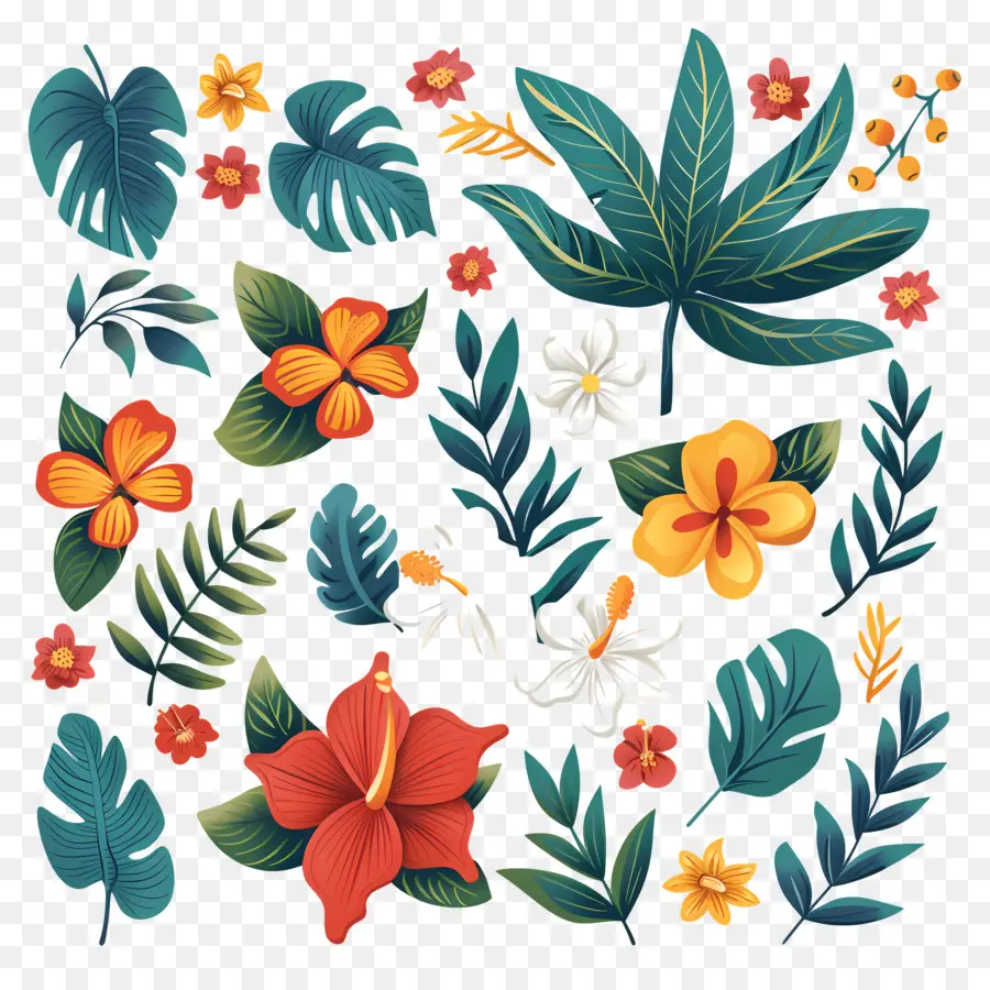 Flores Tropicais，Folhas E Flores Tropicais PNG