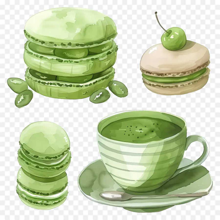 Sobremesas Matchá，Macarons Verdes E Chá PNG