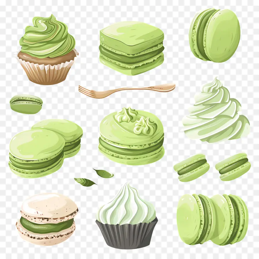 Sobremesas Matchá，Macarons Verdes E Bolo PNG