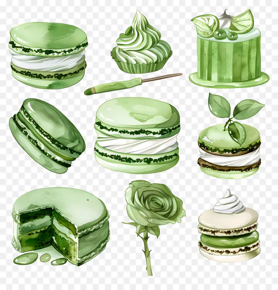 Sobremesas Matchá，Macarons Verdes E Bolo PNG