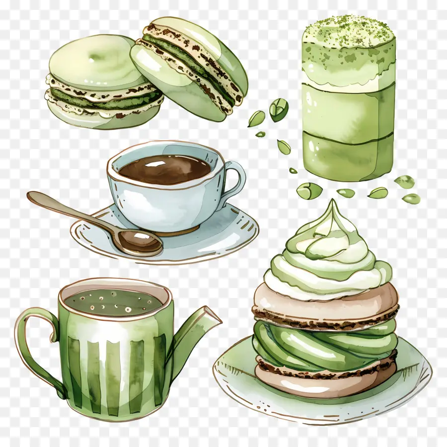 Sobremesas Matchá，Macarons Verdes E Café PNG