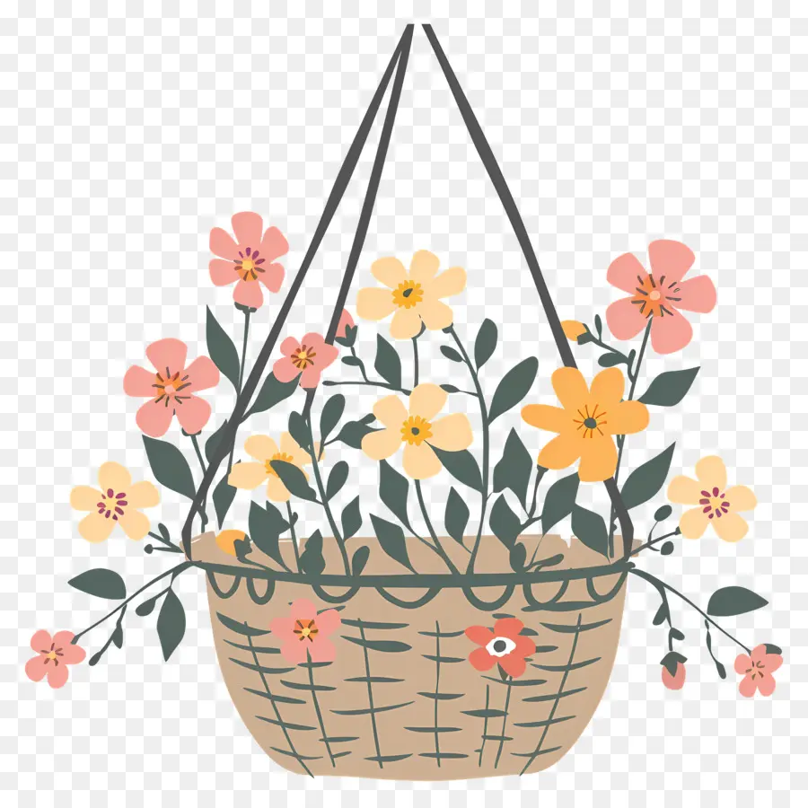 Flores Penduradas，Cesta Suspensa Com Flores Em Tons Pastéis PNG