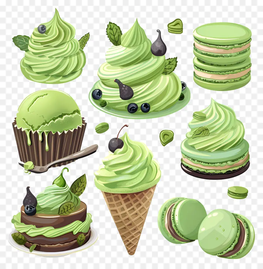 Sobremesas Matchá，Macarons Verdes E Sorvete PNG