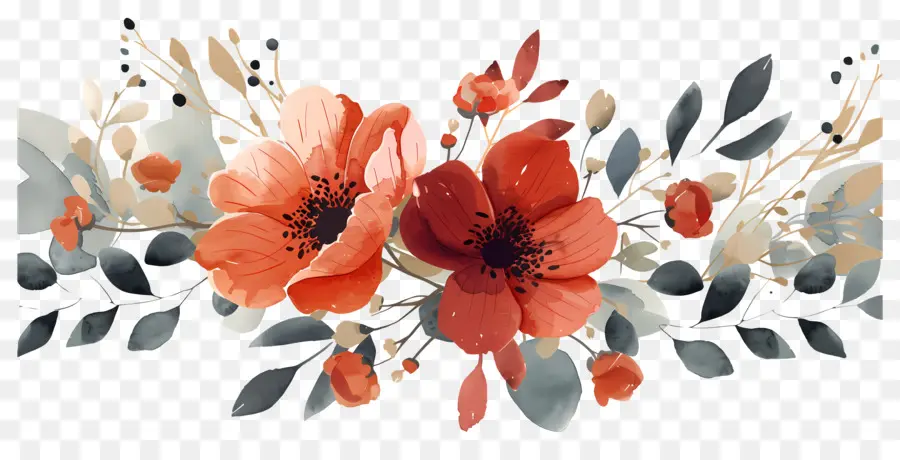 Flores De Outono，Flores Laranja E Vermelha PNG