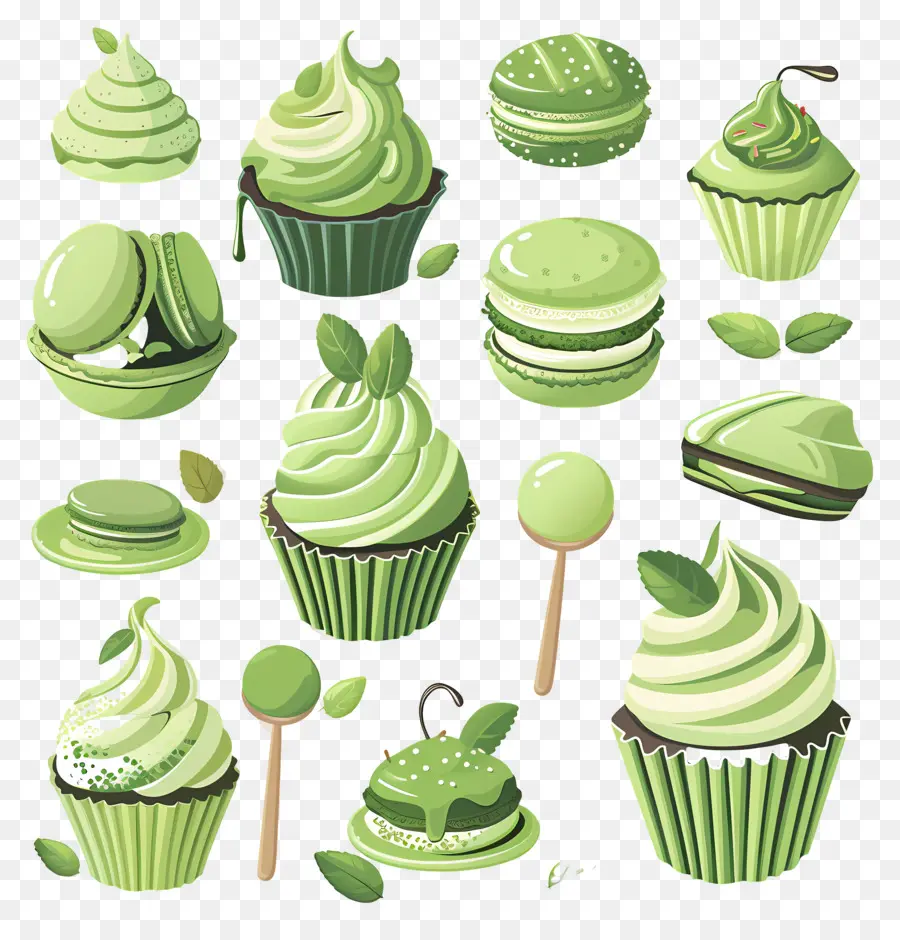 Sobremesas Matchá，Cupcakes E Macarons Verdes PNG